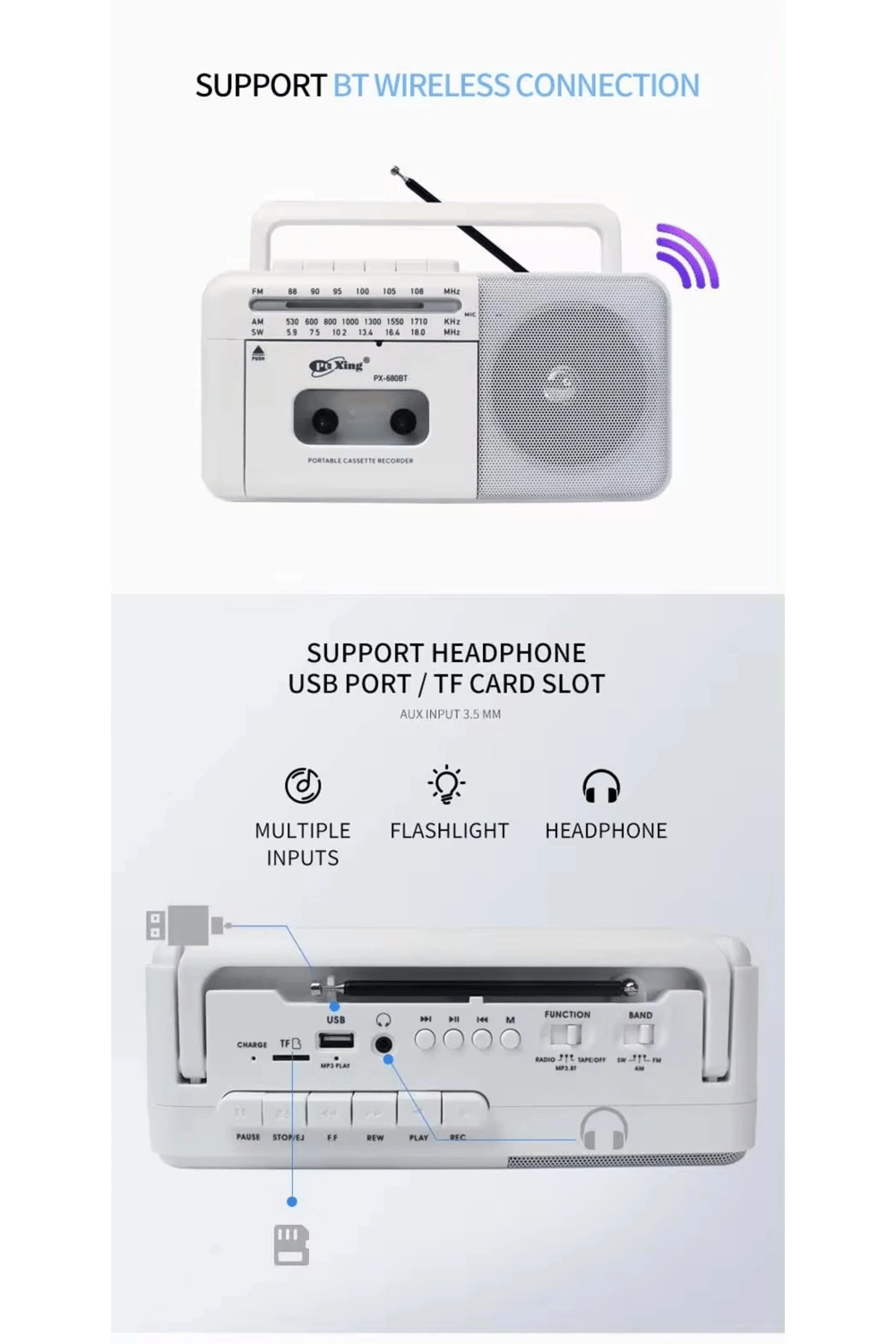Taşınabilir nostaljik radyo kaset çalar FM radyo USB MP3 player Bluetooth hoparlör beyaz