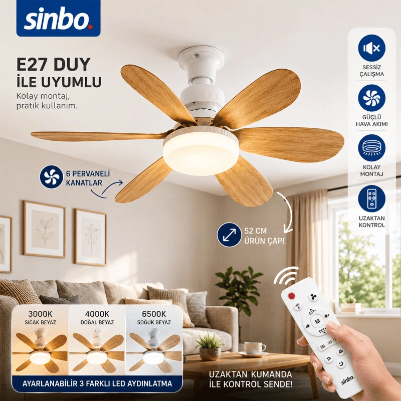 Tavan Vantilatörü ve LED Avize - Uzaktan Kumandalı - 6 Kanatlı - 52 cm