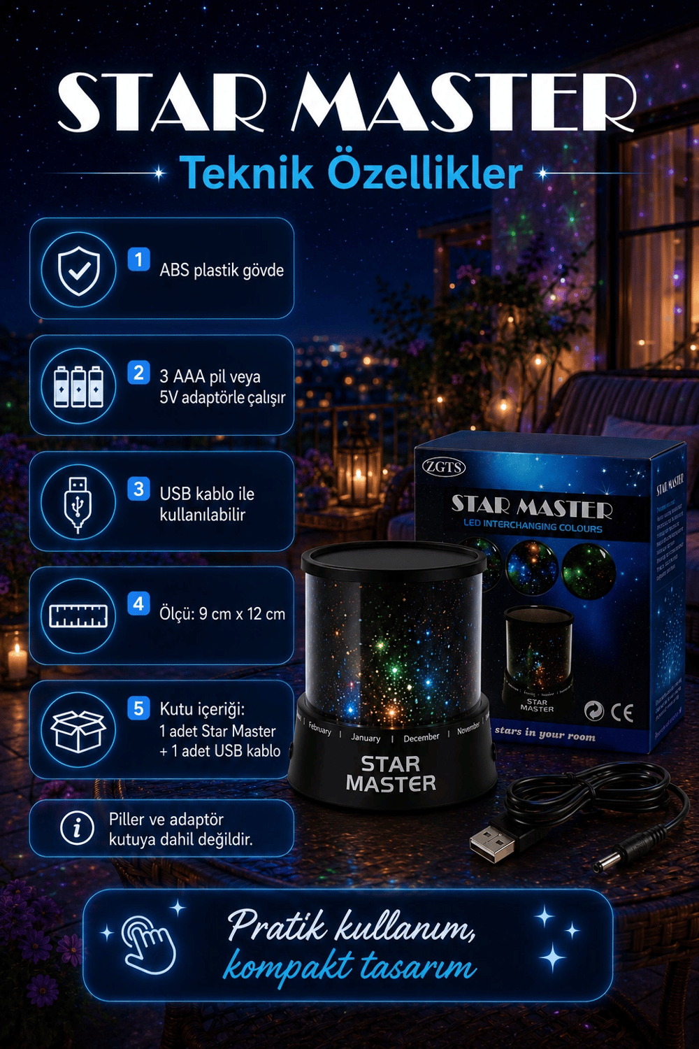 Tavan Ve Duvar Yansıtmalı Renk Değiştiren Yıldız Projektör Gece Lambası