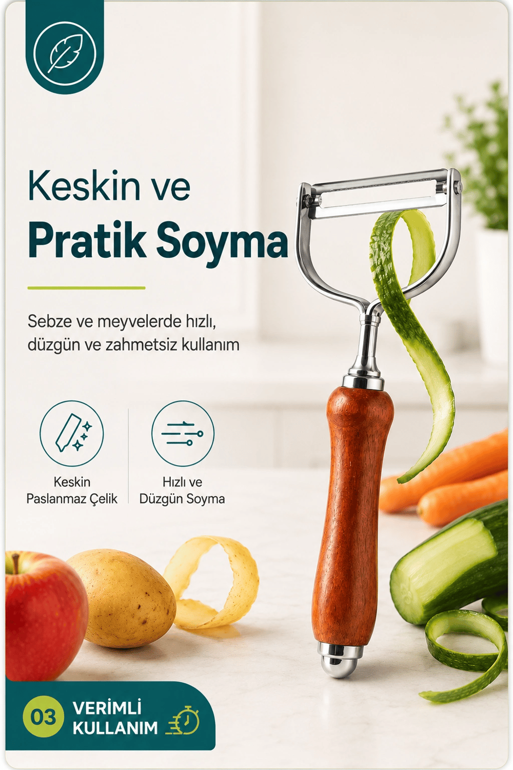Tek Başlıklı Ahşap Saplı Metal Soyacak Sebze ve Meyve İçin Pratik Kullanım