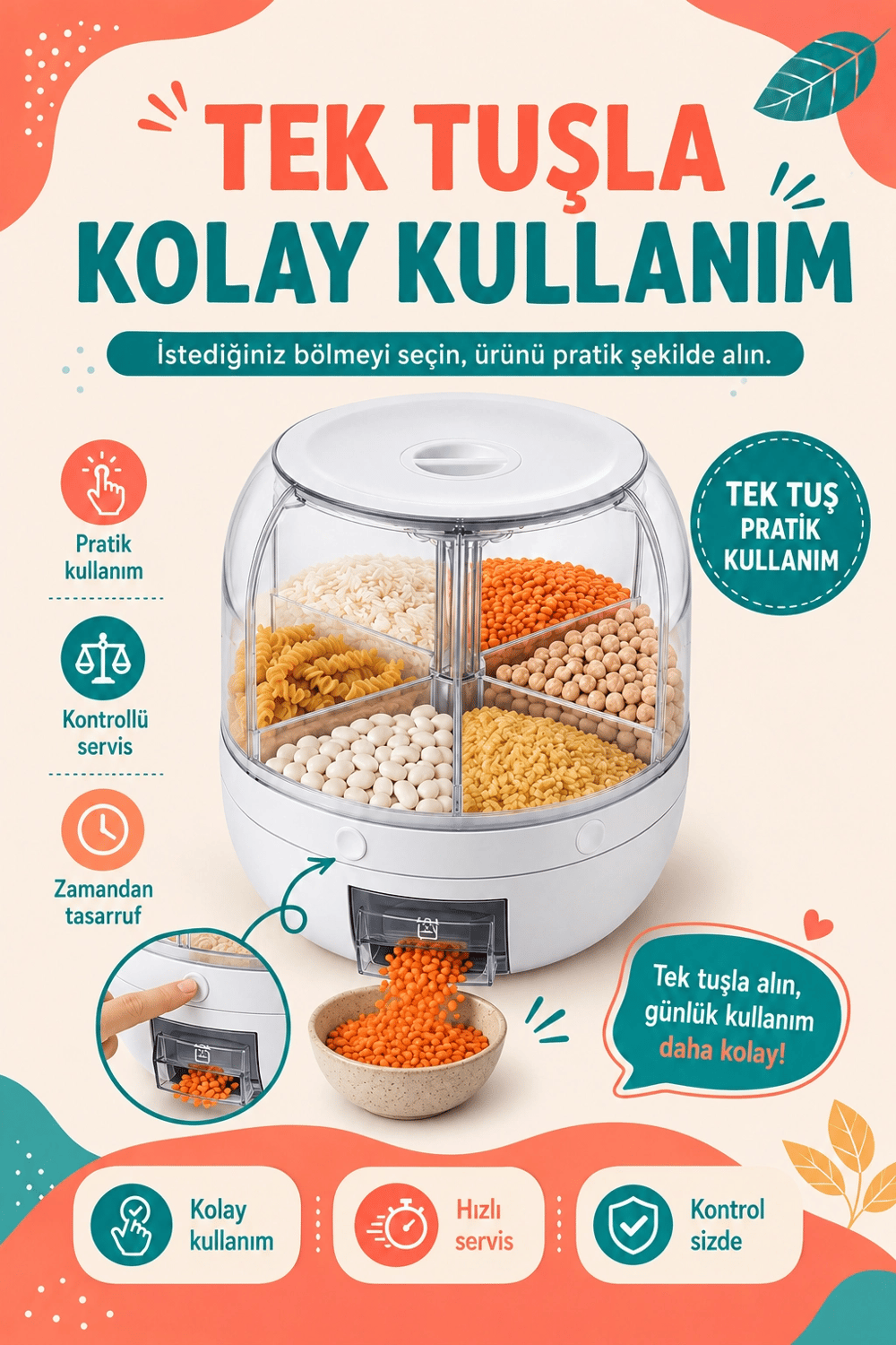 Tek Tuşla Kullanılan Şeffaf Kapaklı Bakliyat Saklama Kabı 6 Bölmeli Döner Hazneli