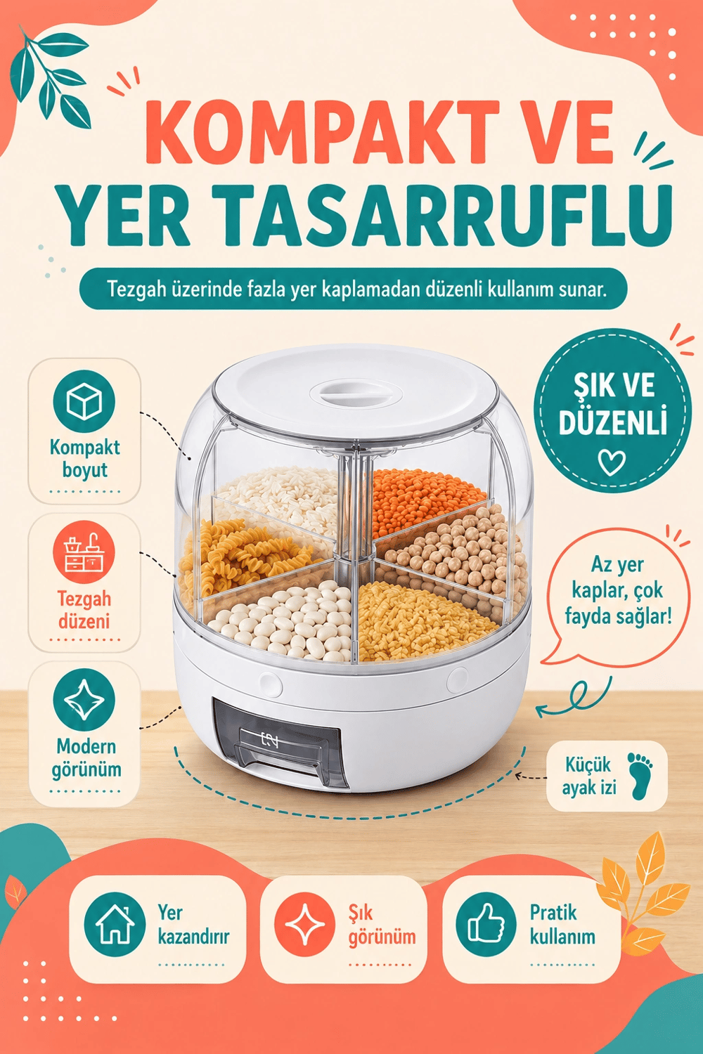Tek Tuşla Kullanılan Şeffaf Kapaklı Bakliyat Saklama Kabı 6 Bölmeli Döner Hazneli