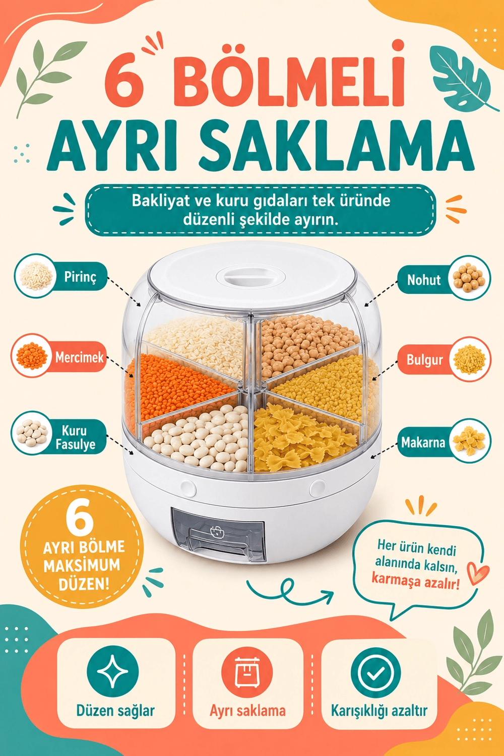 Tek Tuşla Kullanılan Şeffaf Kapaklı Bakliyat Saklama Kabı 6 Bölmeli Döner Hazneli