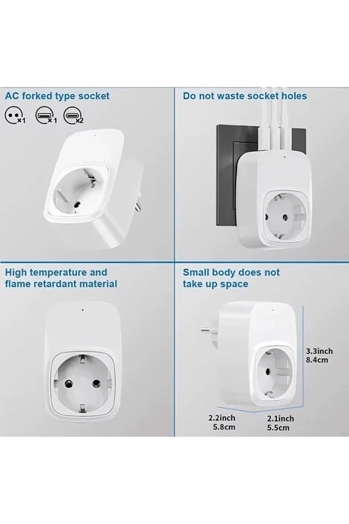 Tekli Yüksek Voltaj Korumalı Duvar Prizi 2x Type-c 1x Usb Çıkışlı Priz Grup Priz Çoğaltıcı Beyaz