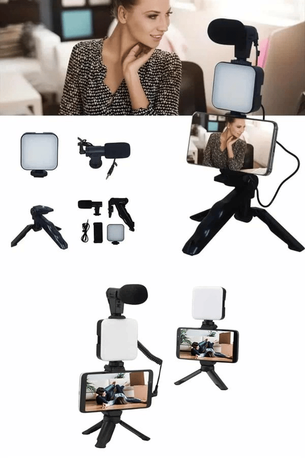 Telefon Tutucu Mikrofonlu Işıklı Youtuber Video Kayıt