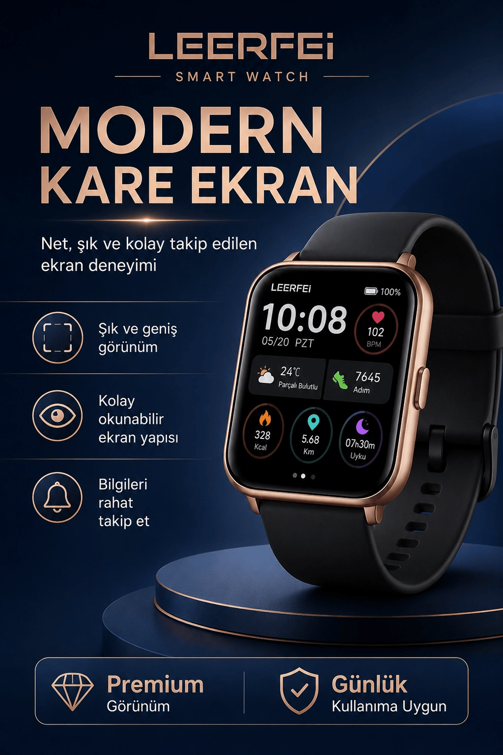 Telefon Uyumlu Rose Gold Akıllı Saat Kablosuz Şarj Destekli Şık Tasarımlı Kullanım