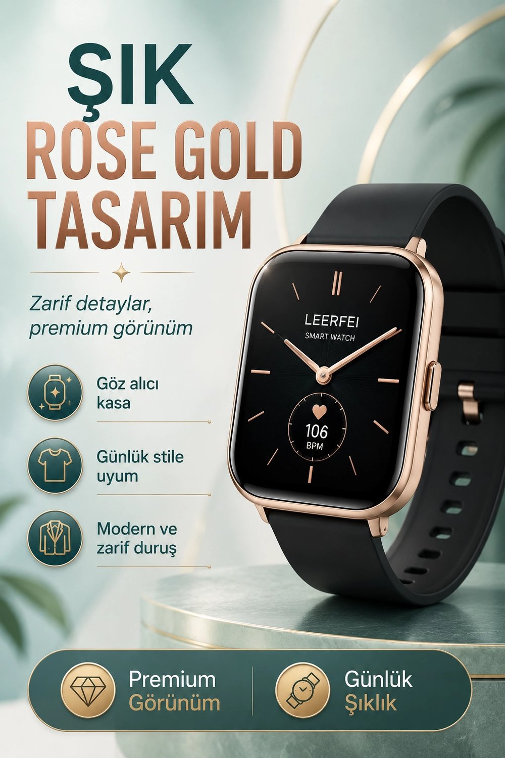 Telefon Uyumlu Rose Gold Akıllı Saat Kablosuz Şarj Destekli Şık Tasarımlı Kullanım