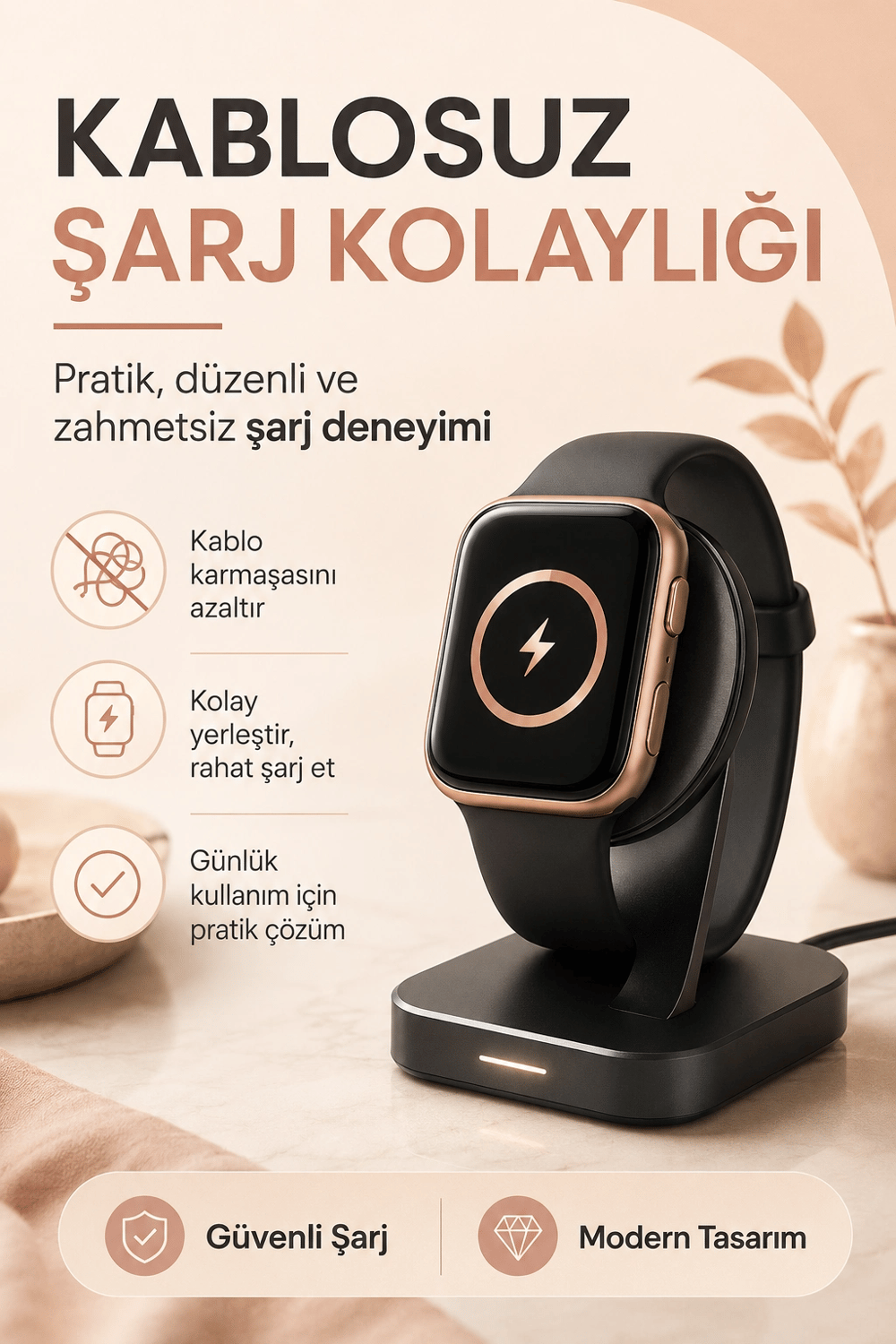 Telefon Uyumlu Rose Gold Akıllı Saat Kablosuz Şarj Destekli Şık Tasarımlı Kullanım