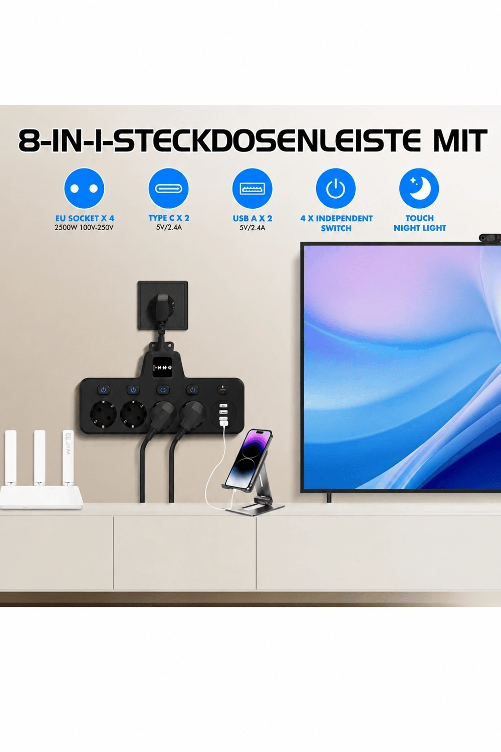 Termal Akım Korumalı 4’lü Duvar Tipi Priz 2x Usb 2x Type-c Çıkışlı Grup Priz Çoğaltıcı Siyah (2500w)