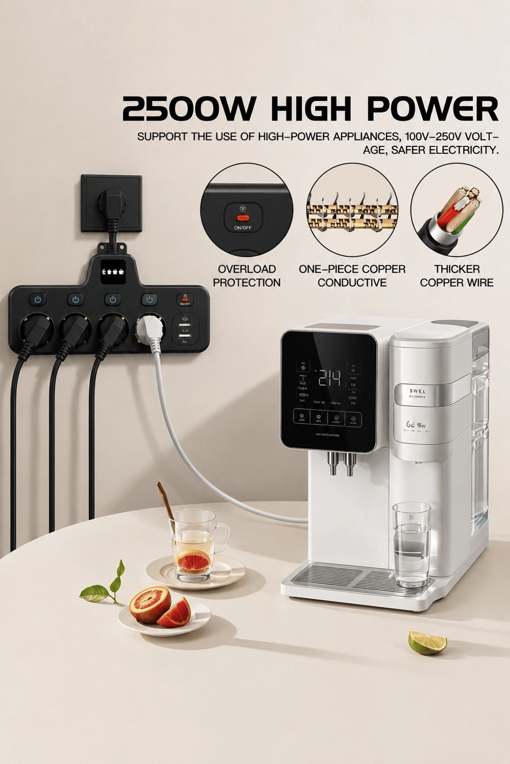 Termal Akım Korumalı 4’lü Duvar Tipi Priz 2x Usb 2x Type-c Çıkışlı Grup Priz Çoğaltıcı Siyah (2500w)