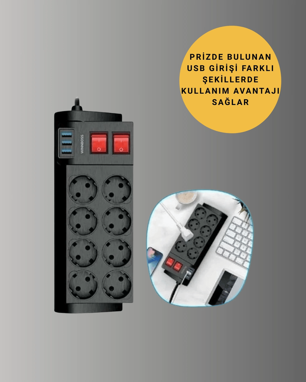 Termal Korumalı 8 Prizli 3 USB’li Uzatma Kablosu Yeni Nesil