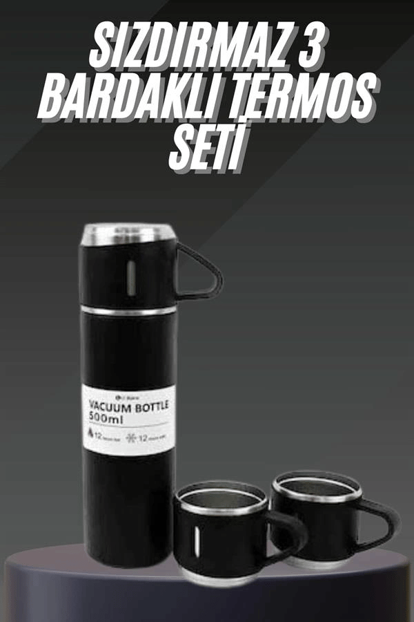 Termos Seti Paslanmaz Çelik 3 Bardaklı Vakumlu Termos Set 500 Ml 12 Saate Kadar Isı Koruma