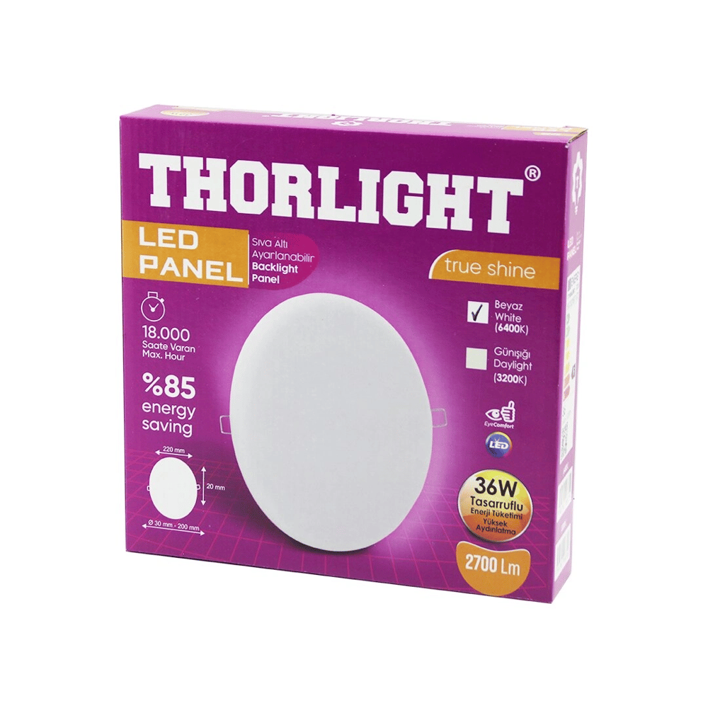 Thorlıght S-236 36w 22cm Beyaz Led Panel Sıva Altı Ayarlı Mandallı 6400k - 2700lm - 18000 Saat - 2835 Smd Bx40