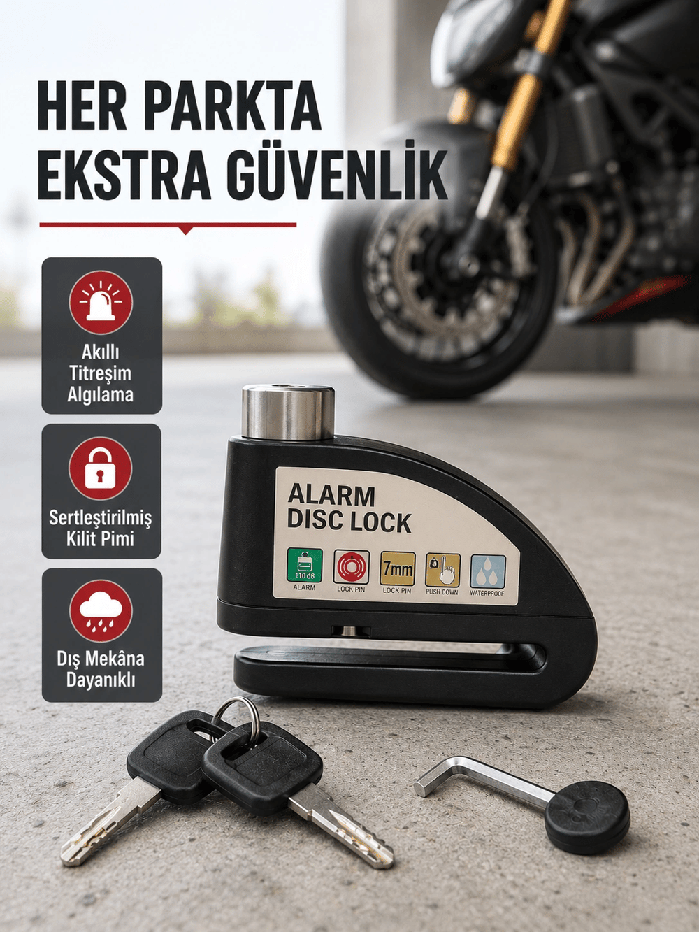 Titreşim Sensörlü Alarmlı Motosiklet Disk Kilidi 14mm Çelik Çift Kilitleme