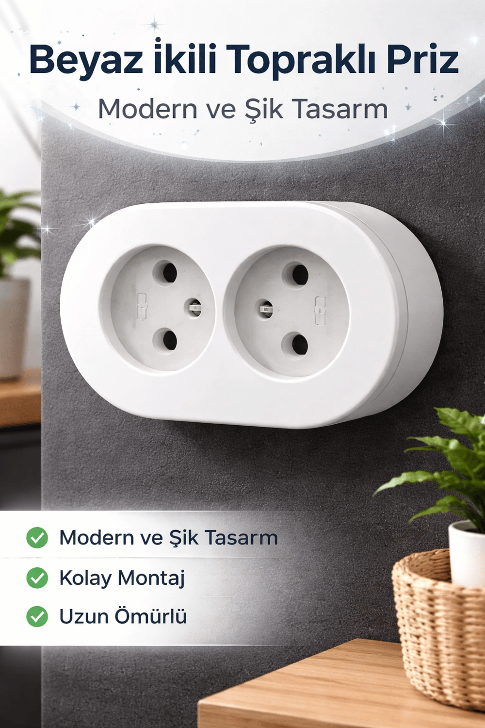 Topraklı Sıva Üstü İkili Set Priz Modern Kırık Beyaz Kolay Kurulum