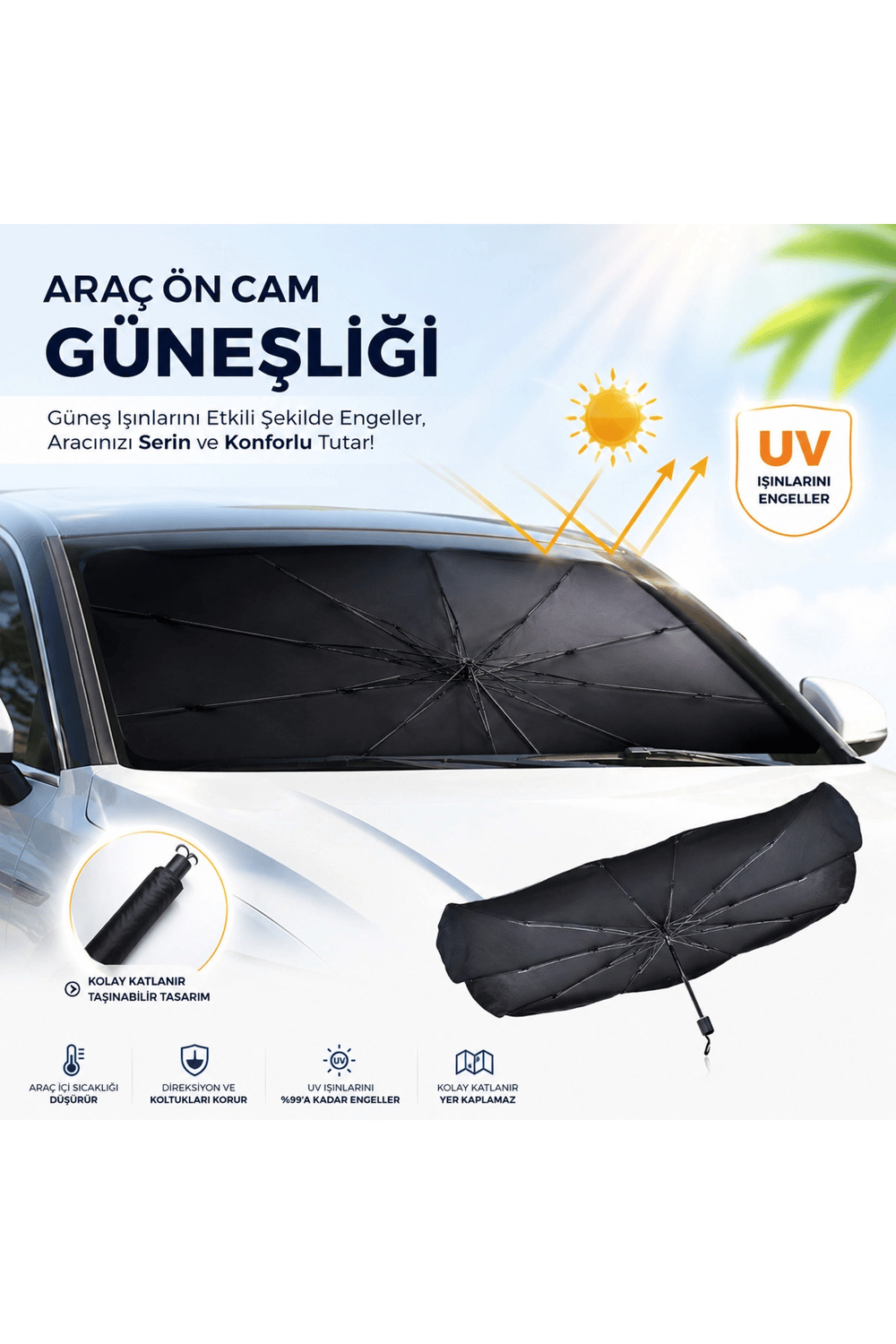 Tüm Araçlara Uyumlu Katlanır Şemsiye Oto Ön Cam Güneşliği Perde Gölgelik UV Blok
