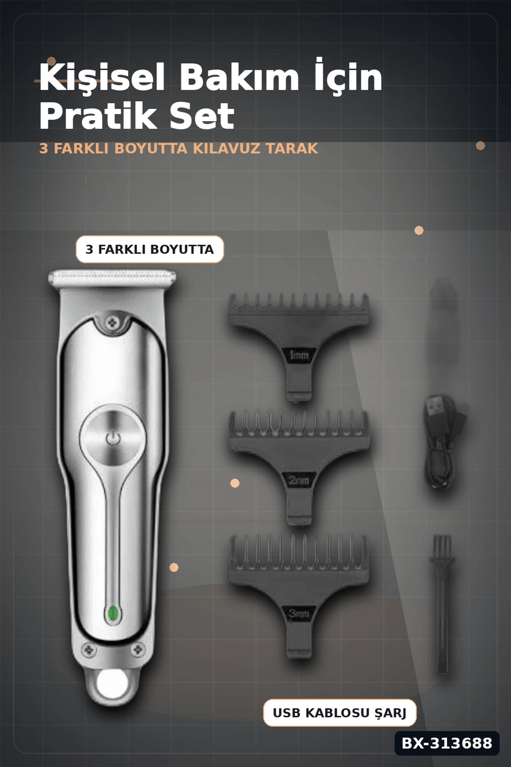 Turbo Hızlı 600 mAh Lityum Pil Saç Sakal Tıraş Makinesi - 3 Taraklı Kablosuz BX-313688