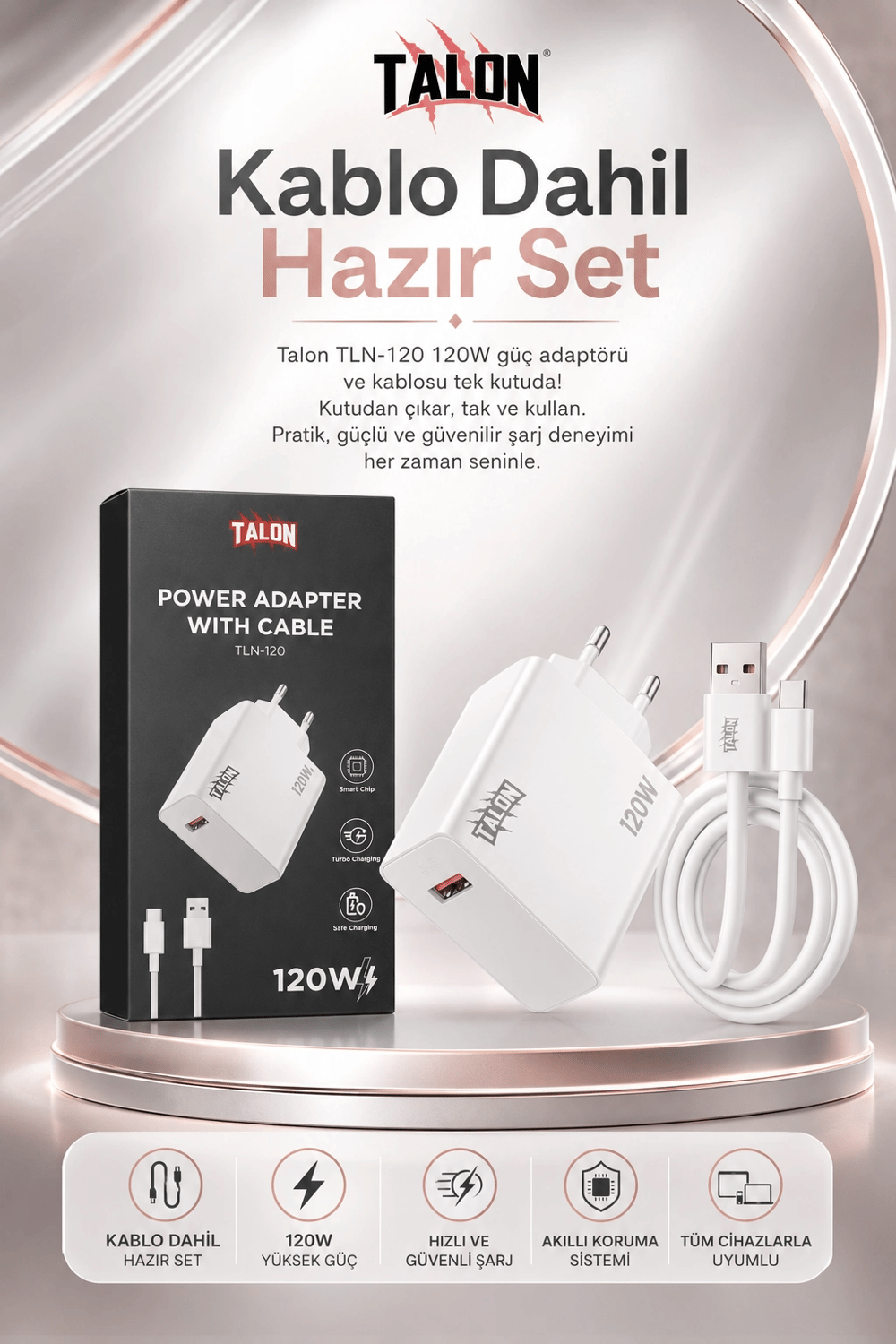 Turbo Şarj Destekli 120W Adaptör Ve Kablo Seti Telefon Uyumlu Pratik Kullanım