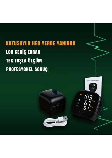 Türkçe Konuşan Şarjlı Bilekten Dijital Tansiyon ve Nabız Ölçüm Cihazı LCD Ekranlı