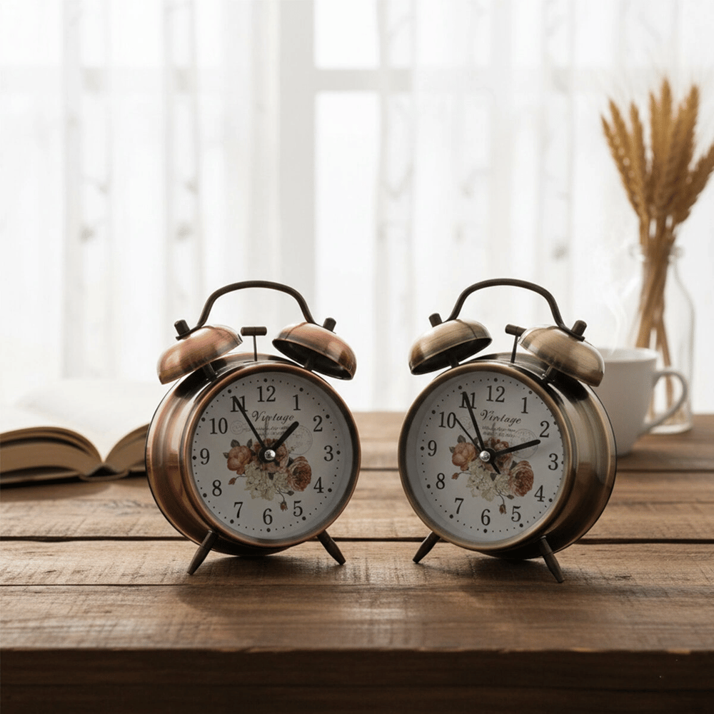 Twın Bell Alarm Clock Yuvarlak Masa Çalar Saat Metal Kasa Eskitme Desenli Pilli - Işıklı Çap: 10cm Bgc-52 Herhangi Bir Renk Gönderilir Bx40