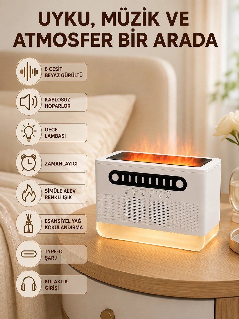Type-C Şarjlı Kablosuz Hoparlör Beyaz Gürültü ve Atmosfer Işığı