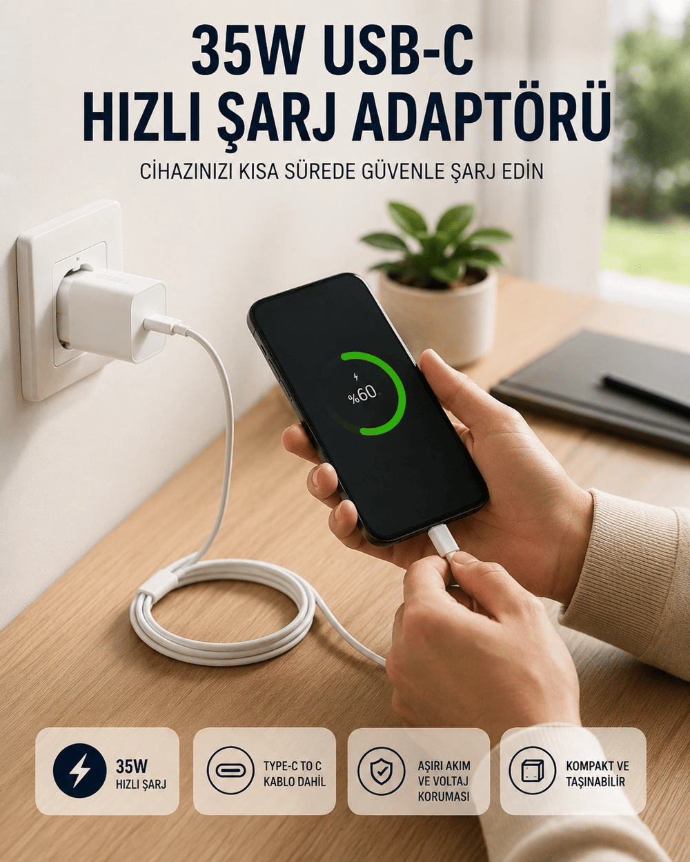 Type-C to C Kablolu 35W Hızlı Şarj Başlığı Set