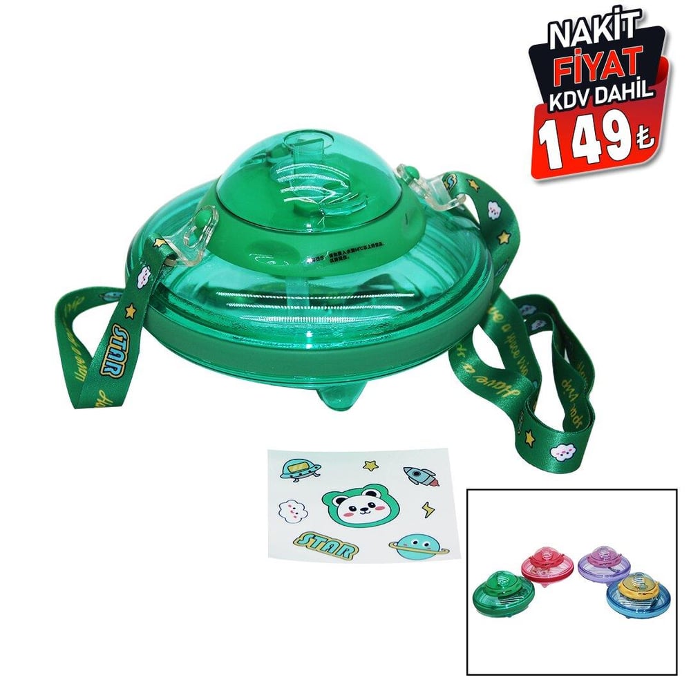 UFO MODELİ RENKLİ MİKA KRİSTAL SULUK MATARA PİPETLİ - TAŞIMA ASKILI 550ML ( HERHANGİ BİR RENK  GÖNDERİLİR )  (3936)