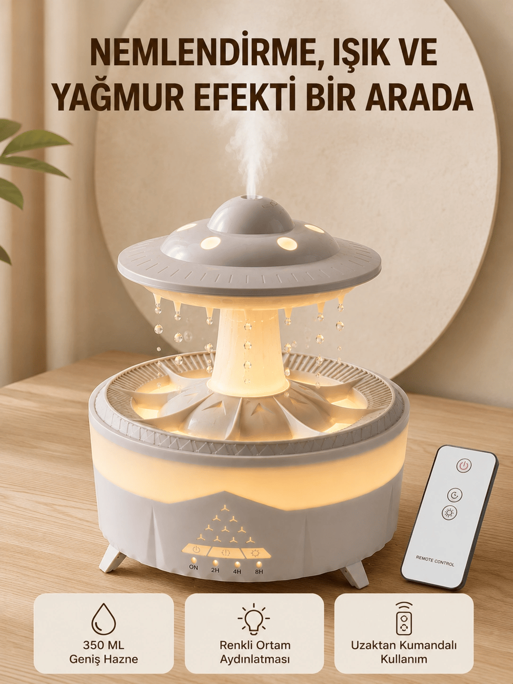 UFO Yağmur Efektli Hava Nemlendirici 350 ML RGB Işıklı Uzaktan Kumandalı
