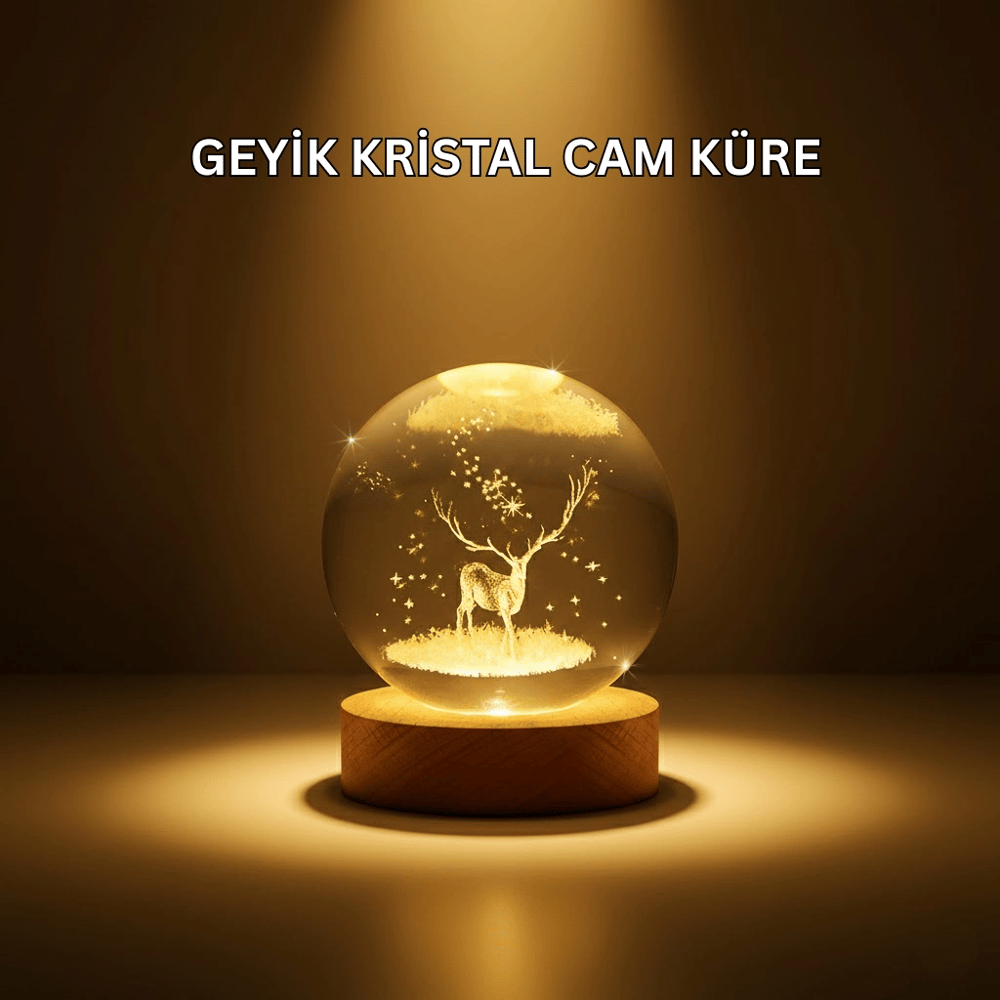 USB Bağlantılı Geyik Temalı Kristal Küre Premium Masa Gece Lambası