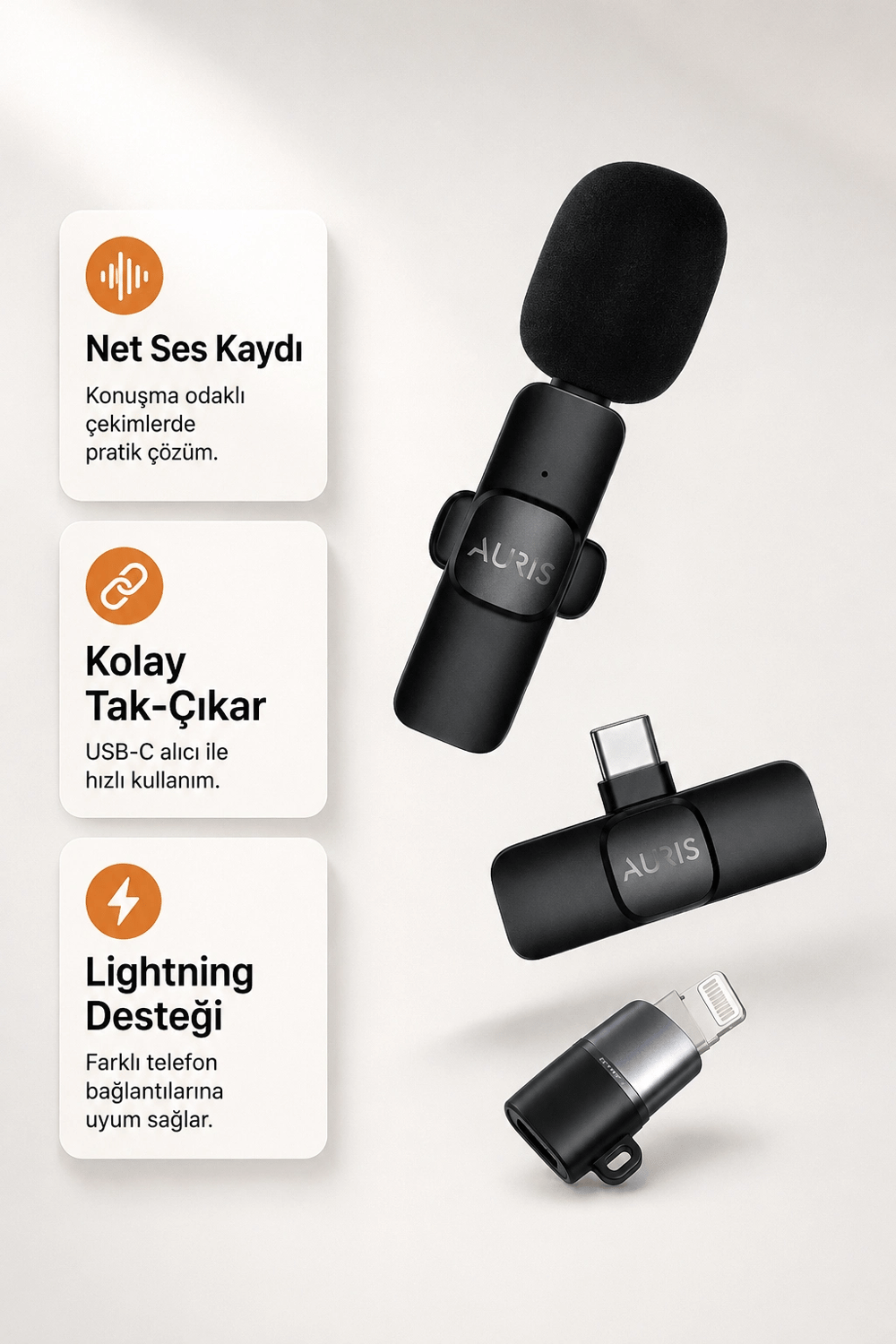 USB-C ve Lightning Uyumlu Kablosuz Yaka Mikrofonu Tak Çalıştır Telefon Ses Kayıt Seti