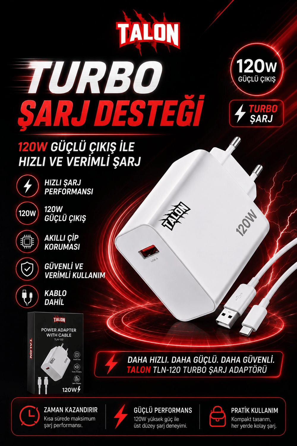 USB Kablolu 120W Güç Adaptörü Hızlı Şarj Destekli Mobil Cihaz Uyumlu Set