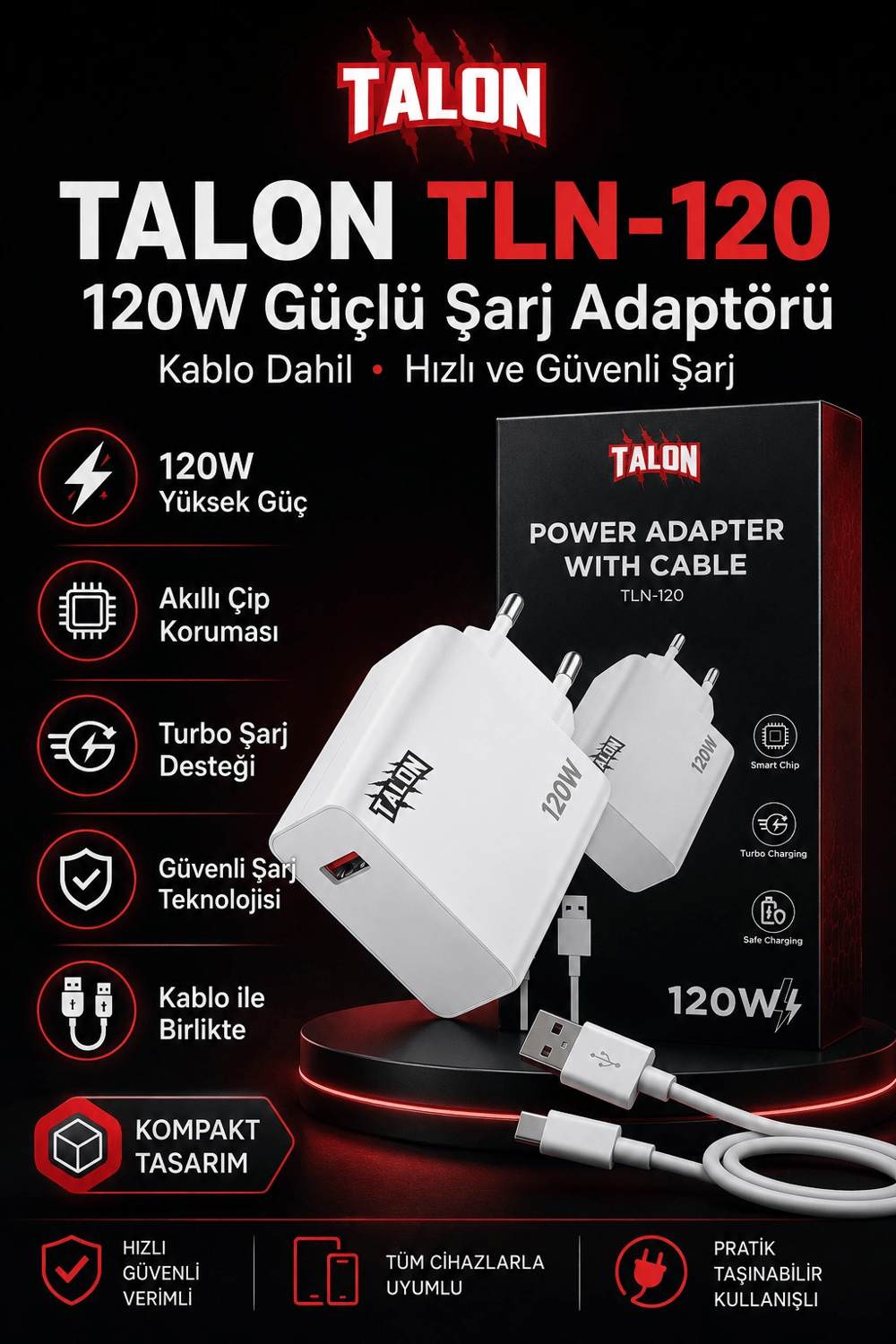 USB Kablolu 120W Güç Adaptörü Hızlı Şarj Destekli Mobil Cihaz Uyumlu Set