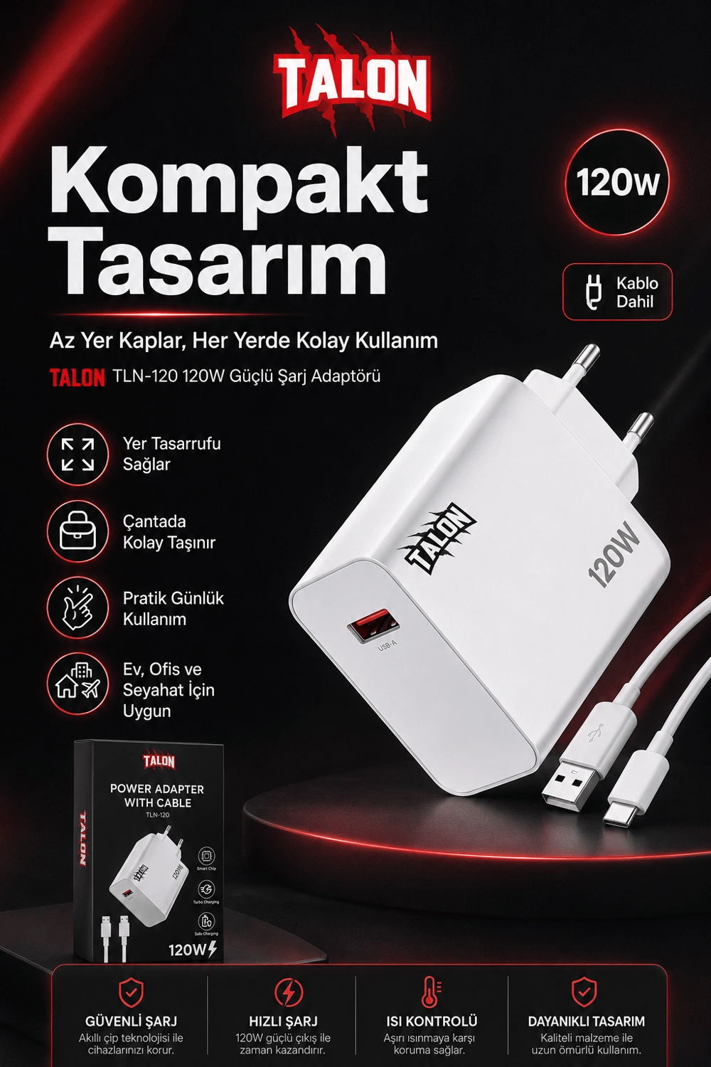 USB Kablolu 120W Güç Adaptörü Hızlı Şarj Destekli Mobil Cihaz Uyumlu Set