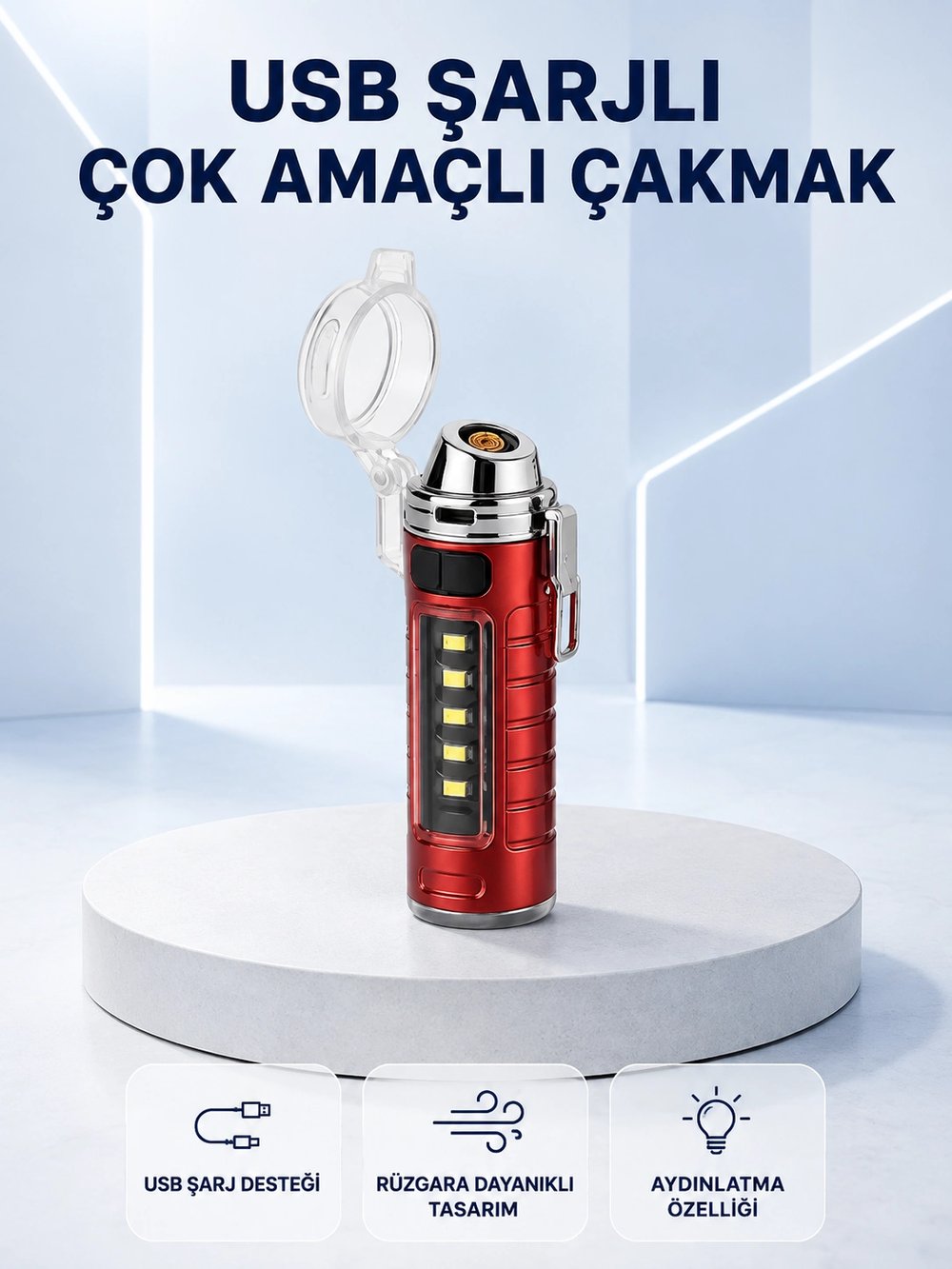 USB Şarjlı Rüzgar Geçirmez Elektrikli Çakmak El Fenerli