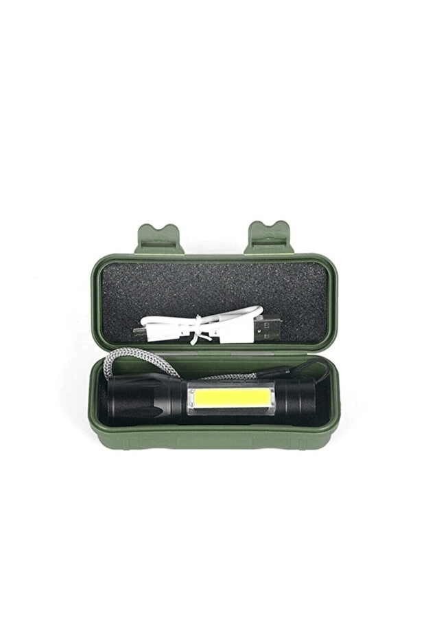 USB Şarjlı Zoomlu Mini El Feneri Q5 Güçlü Işık Yan COB LED SOS Mod Kutulu Taşınabilir