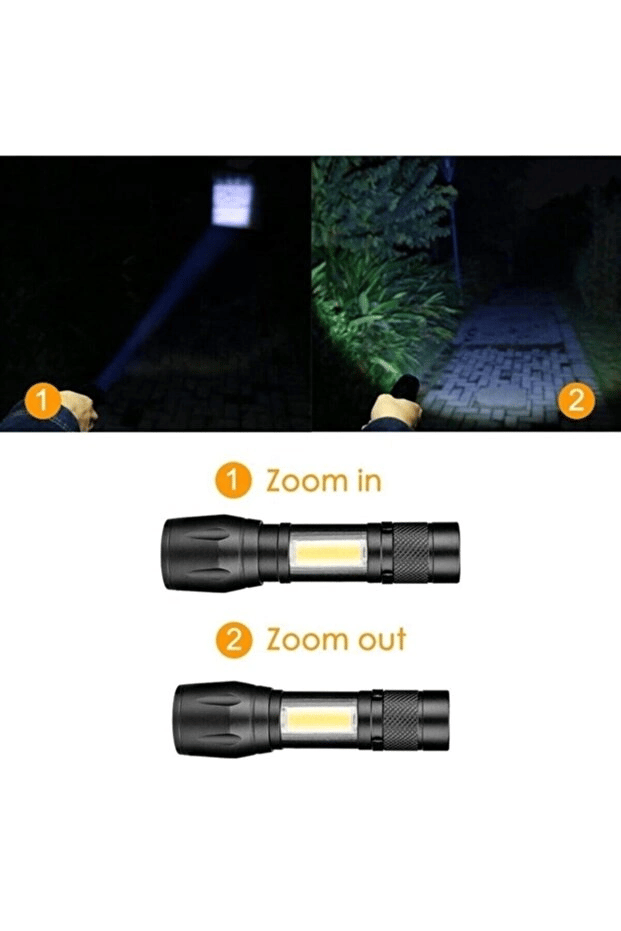USB Şarjlı Zoomlu Mini El Feneri Q5 Güçlü Işık Yan COB LED SOS Mod Kutulu Şarj Kablolu Set