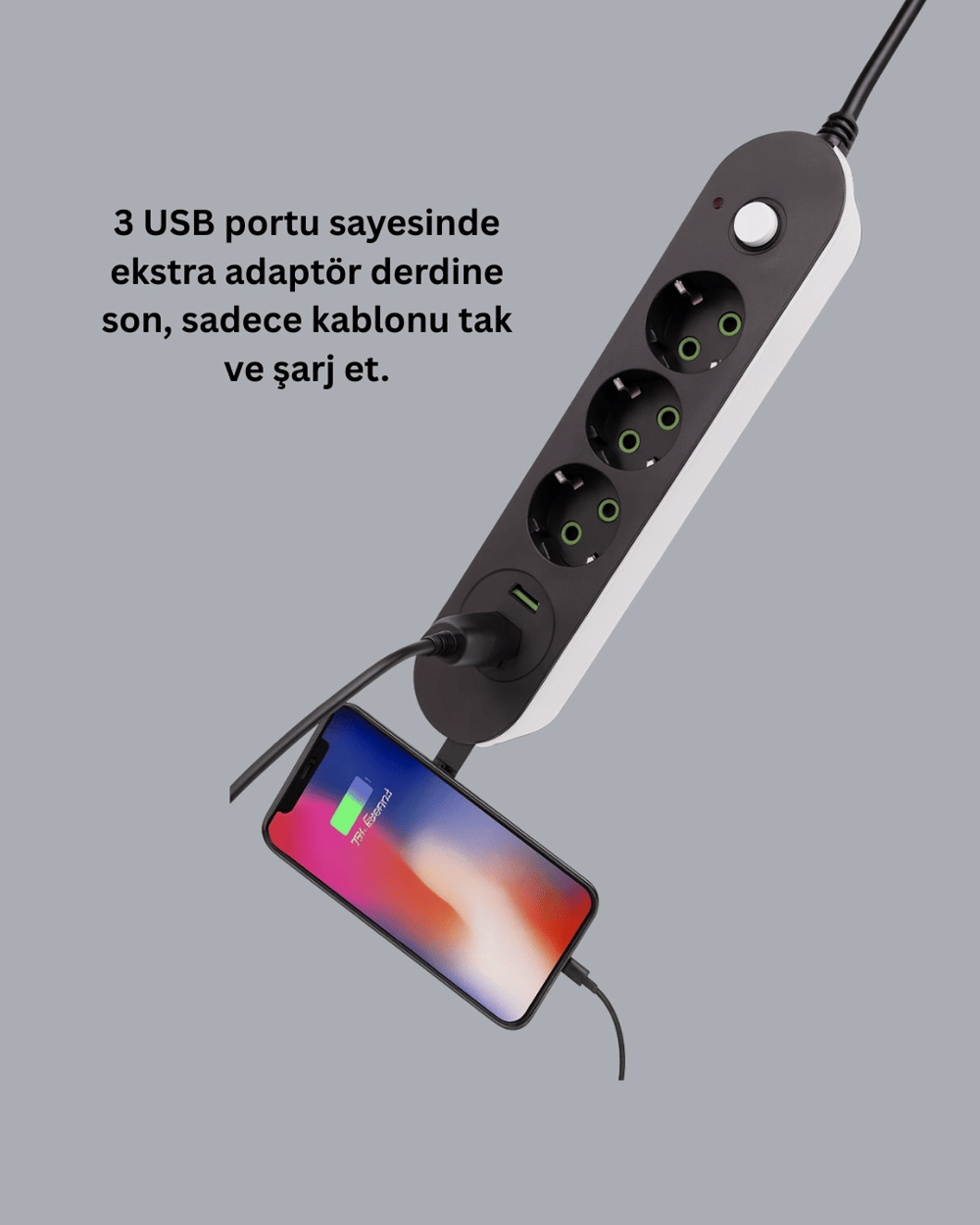 USB Yuvalı Anahtarlı Üçlü Priz 2 Metre Kablolu