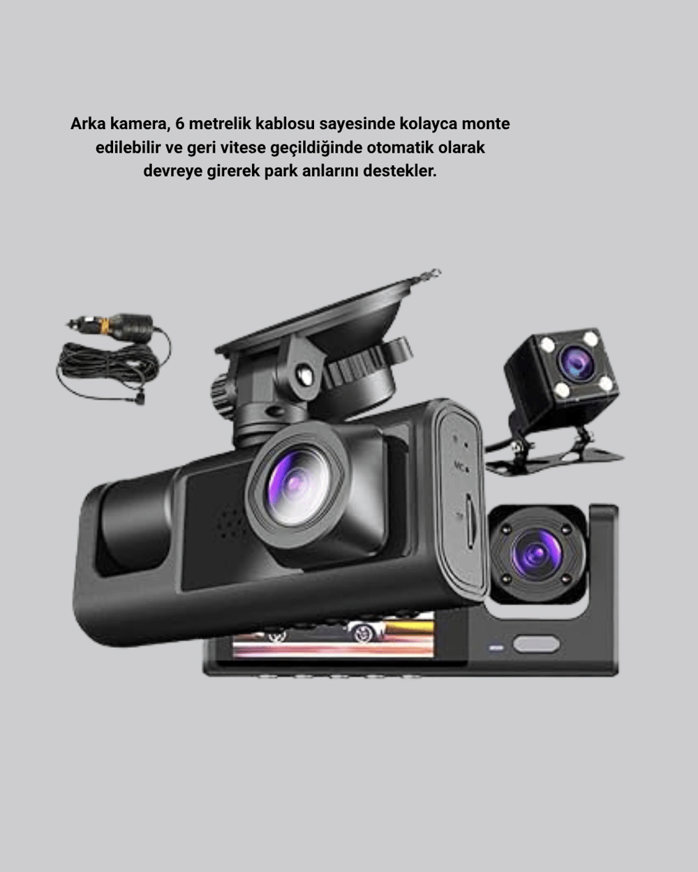 Üç Kameralı Araç İçi Kayıt Sistemi Full HD Gece Görüşlü ve G-Sensör Destekli