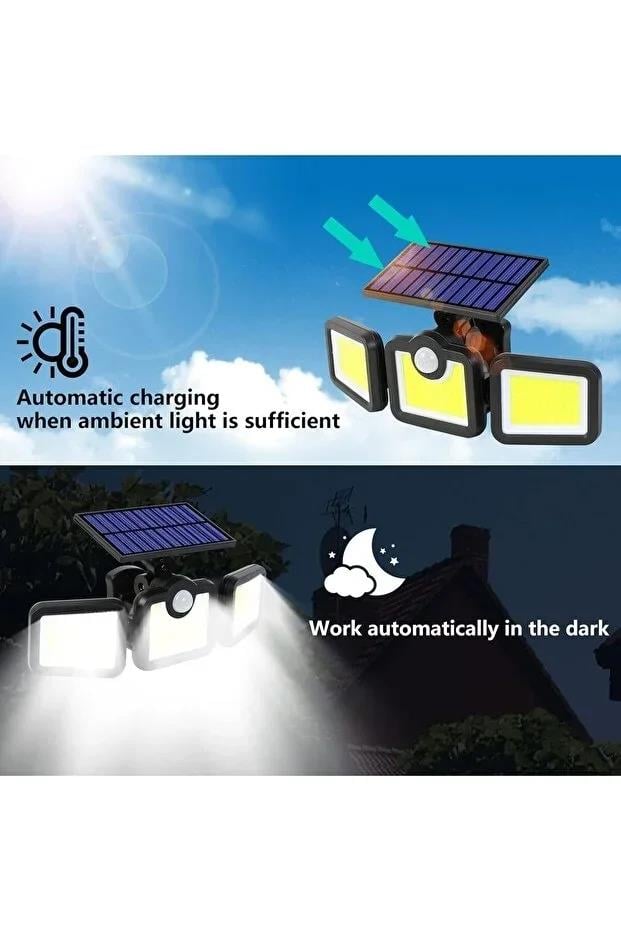 Üçlü Solar Led Projektör – Beyaz Işık – Sensörlü Dış Mekân Aydınlatma (3936)