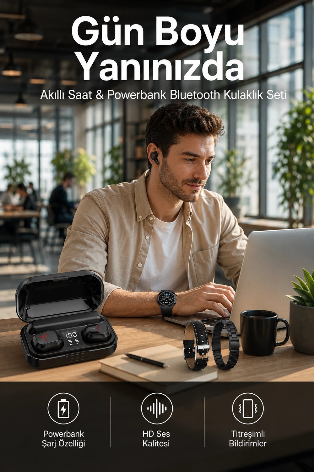 Ucuz Kaliteli Akıllı Saat ve Powerbank Bluetooth Kulaklık 5.1 Stereo ANC Özelliği