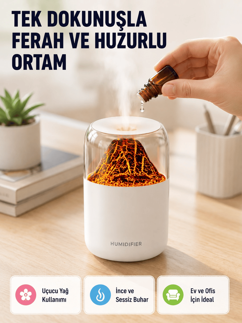 Ultrasonik Alev Efektli Aromaterapi Difüzörü USB Şarjlı ve Otomatik Kapanma Özellikli