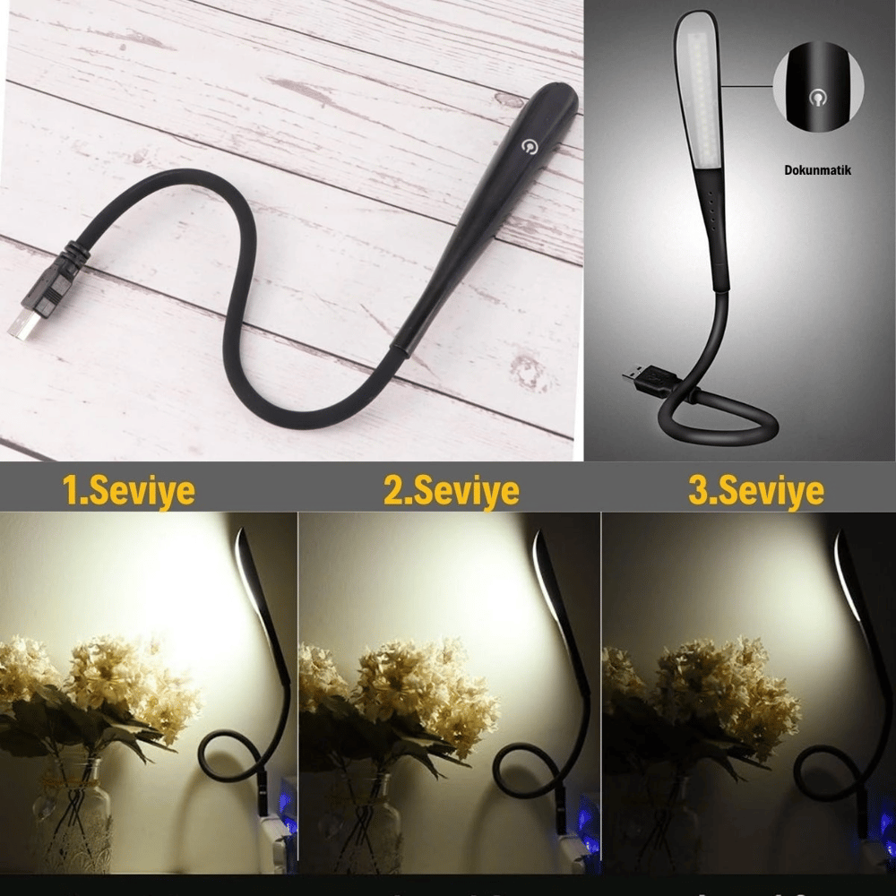 Usb Girişli 14 Ledli 3 Kademeli Dokunmatik Masa/kitap Okuma Lambası Ledi Siyah Bx40