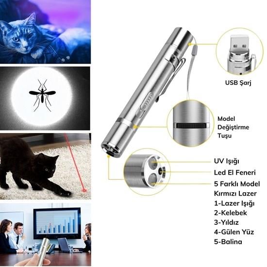 Usb İle Şarj Edilebilen 3In 1 Kırmızı Işık +Beyaz Led Meşale Işık + Uv El Feneri Kedi Lazeri (3936)