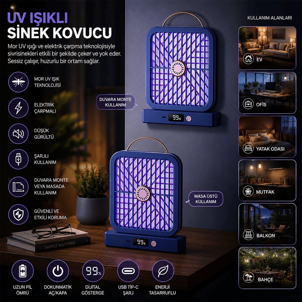 Usb Şarjlı - Elektrik Çarpmalı - Dijital Ekran Asma Aparat - Sessiz Çalışma Uv Işıklı Sinek Kovucu Hs-371 Bx40
