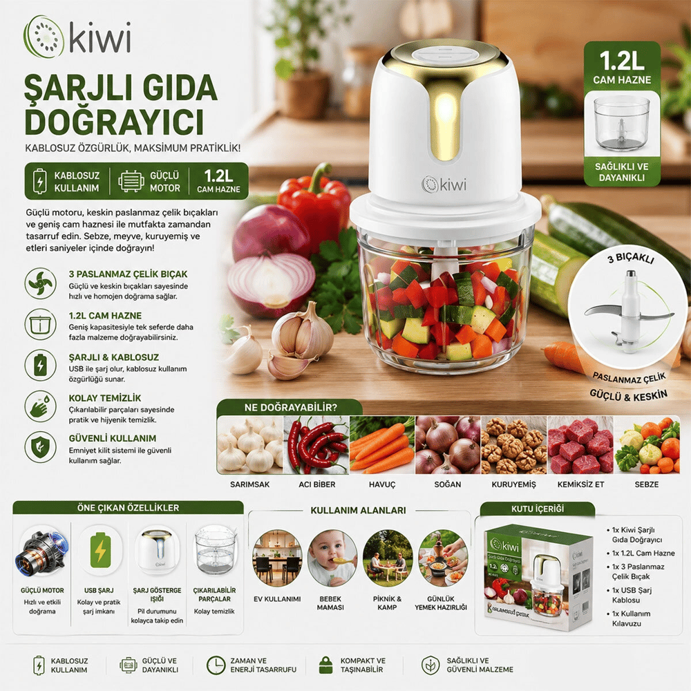 Usb To Type-c Şarjlı Mini 3 Bıçaklı Gold Blender Rondo Gıda Doğrayıcı 1.2lt=mika Kristal Hazne Kc-8221 Bx40