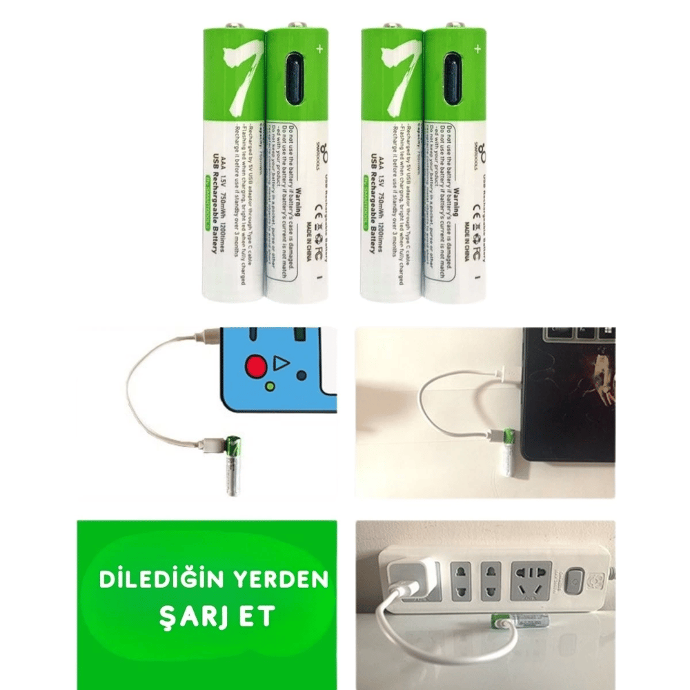 Usb Type-C ile Şarjolabilen 4 Adet AAA 1.5V Lityum Şarjlı Kalem Pil 750 mAH Uzun Ömürlü