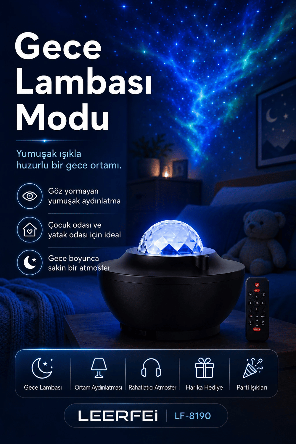 Uzaktan Kumandalı Yıldızlı Gökyüzü Projektörü Gece Lambası Ambiyans Işıklı