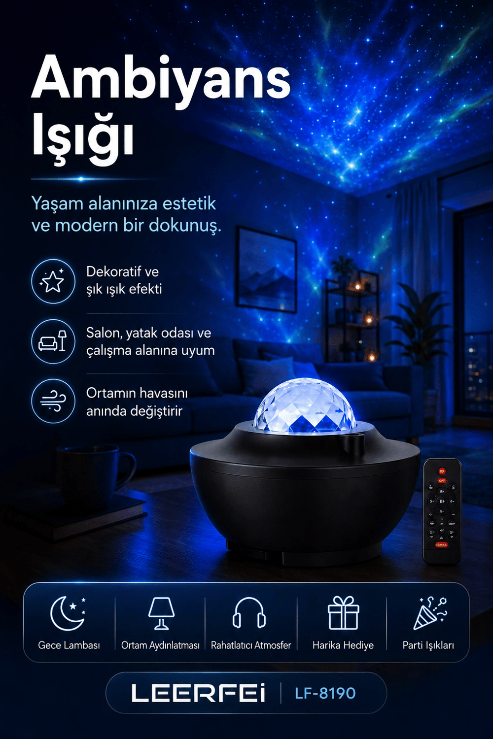 Uzaktan Kumandalı Yıldızlı Gökyüzü Projektörü Gece Lambası Ambiyans Işıklı