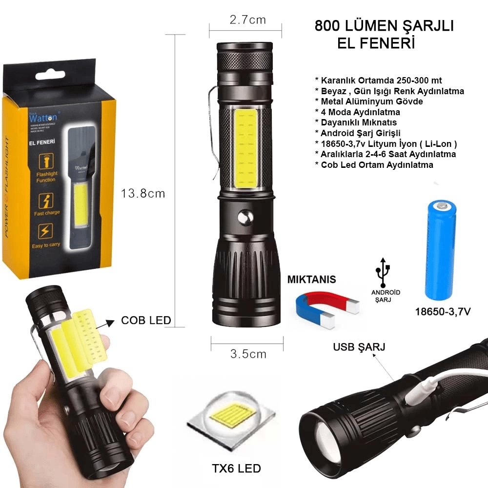 Uzun Menzilli El Feneri Mıknatıslı  Wt-602