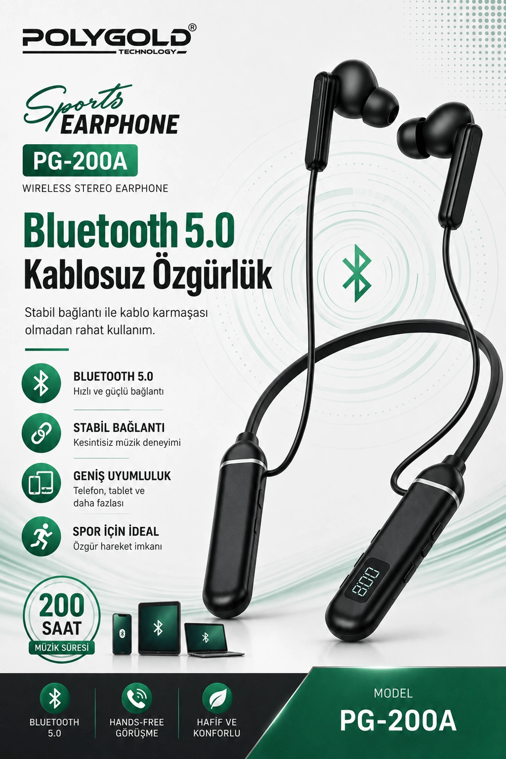 Uzun Süre Kullanımlı Kablosuz Kulak İçi Spor Kulaklık Stereo Ses Mikrofonlu